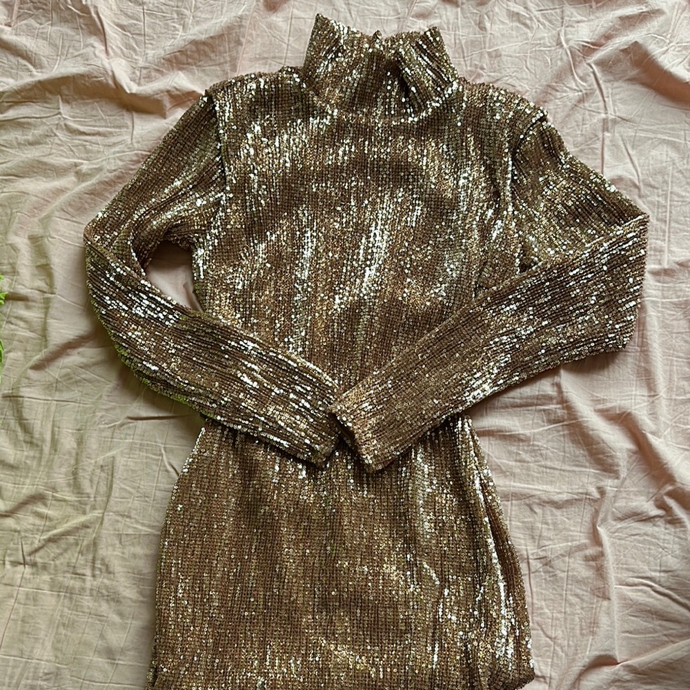 Gold Sequin Turtleneck Dress